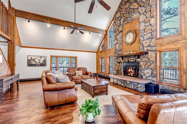 living room featuring beamed ceiling, a wealth of natural light, hardwood / wood-style floors, and a fireplace