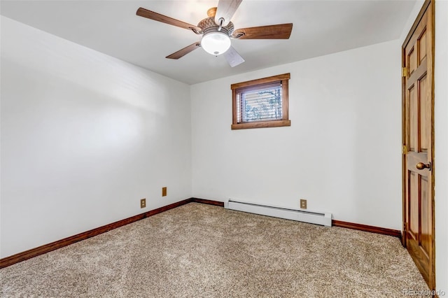 unfurnished room with carpet, ceiling fan, and baseboard heating