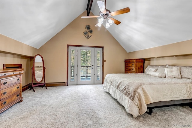 bedroom featuring vaulted ceiling with beams, ceiling fan, light carpet, and access to outside