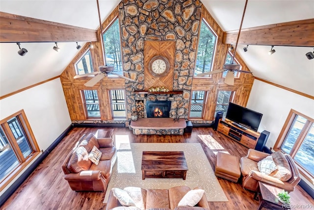 living room with a wealth of natural light, a fireplace, rail lighting, and wood-type flooring