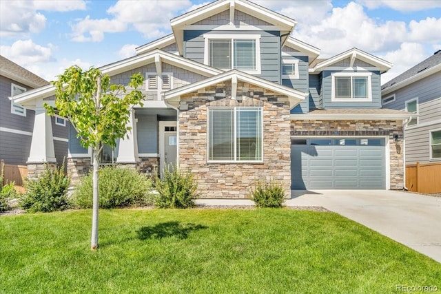 1721 Wingfeather Ln, Castle Rock, CO 80108 - craftsman-style home with stone siding, concrete driveway, a front yard, and an attached garage