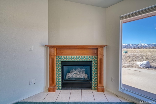 room details featuring a mountain view and a fireplace