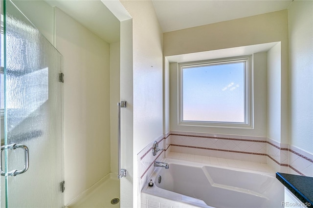 bathroom featuring vanity and independent shower and bath