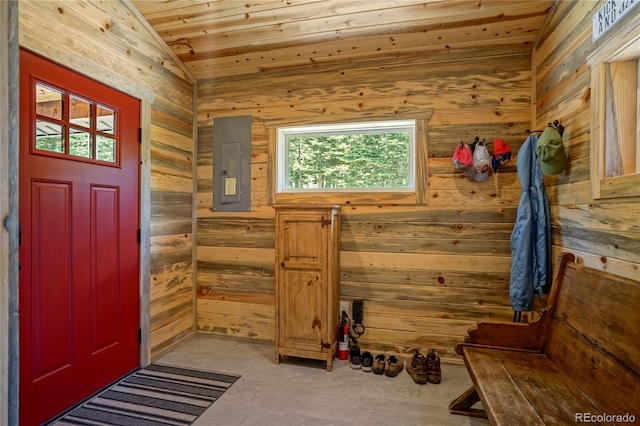 2474 Wendt Ln, Fort Garland, CO 81133 - mudroom with lofted ceiling, wood walls, electric panel, and wood ceiling