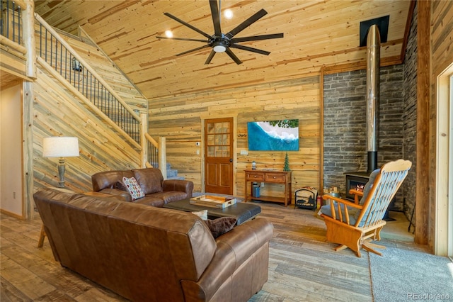 2474 Wendt Ln, Fort Garland, CO 81133 - living area featuring a wood stove, ceiling fan, stairs, high vaulted ceiling, and hardwood / wood-style floors