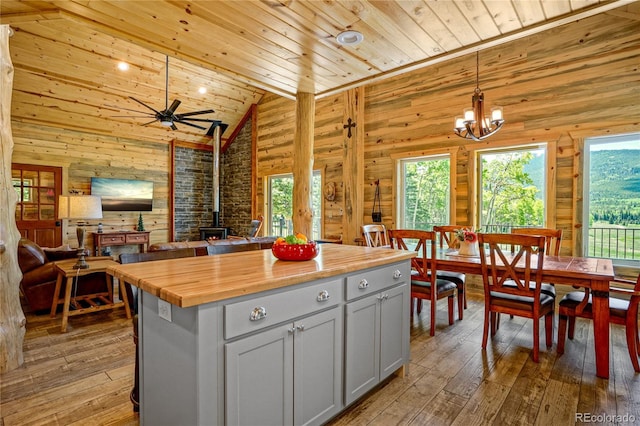2474 Wendt Ln, Fort Garland, CO 81133 - kitchen featuring a wood stove, wooden counters, plenty of natural light, wooden ceiling, and hardwood / wood-style floors