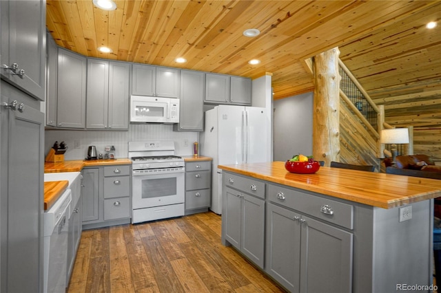 2474 Wendt Ln, Fort Garland, CO 81133 - kitchen with butcher block counters, gray cabinetry, white appliances, wooden ceiling, and dark wood-style flooring