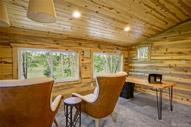 2474 Wendt Ln, Fort Garland, CO 81133 - carpeted home office featuring wood ceiling, vaulted ceiling, wooden walls, and recessed lighting