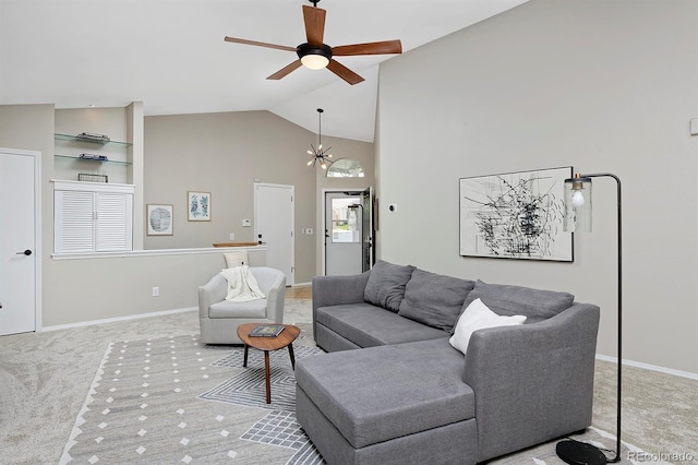 690 W Jamison Cir, Littleton, CO 80120 - carpeted living area with a ceiling fan, high vaulted ceiling, and baseboards