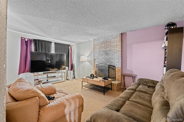 living room featuring carpet flooring, a fireplace, and a textured ceiling