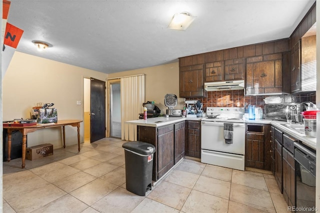 kitchen featuring white range with electric cooktop, dark brown cabinetry, kitchen peninsula, and black dishwasher