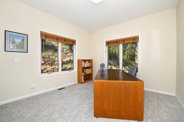 unfurnished office with plenty of natural light, light colored carpet, and visible vents