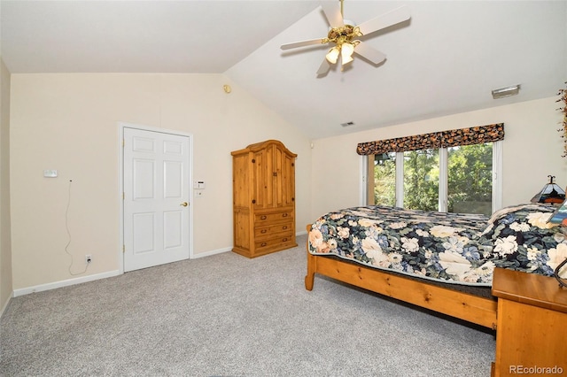 bedroom featuring visible vents, baseboards, carpet, and vaulted ceiling