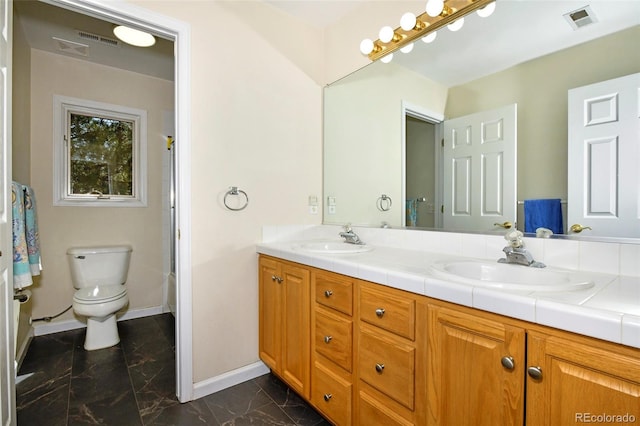 full bathroom with a sink, visible vents, toilet, and marble finish floor