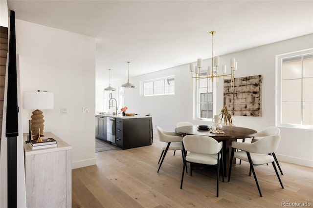 3932 Kalamath St, Denver, CO 80211 - dining area featuring light wood-type flooring, baseboards, and a chandelier