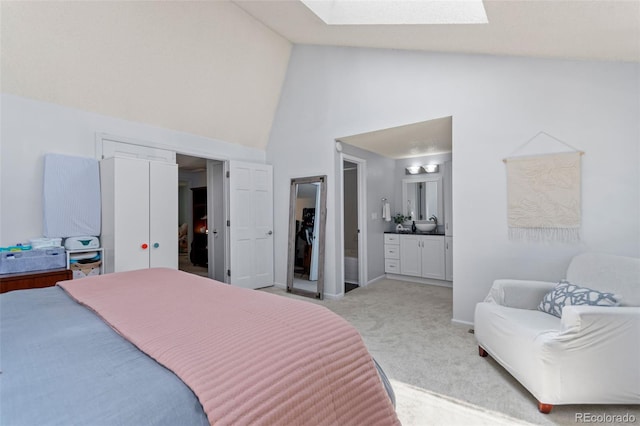2092 S Helena St Unit C, Aurora, CO 80013 - bedroom featuring a skylight, high vaulted ceiling, light carpet, and ensuite bathroom