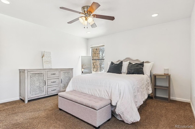 carpeted bedroom featuring ceiling fan