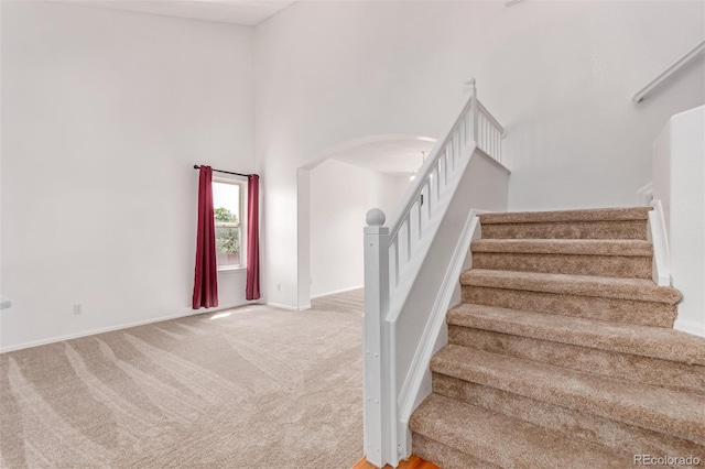 12825 Forest Way, Thornton, CO 80241 - staircase featuring arched walkways, carpet floors, and a high ceiling