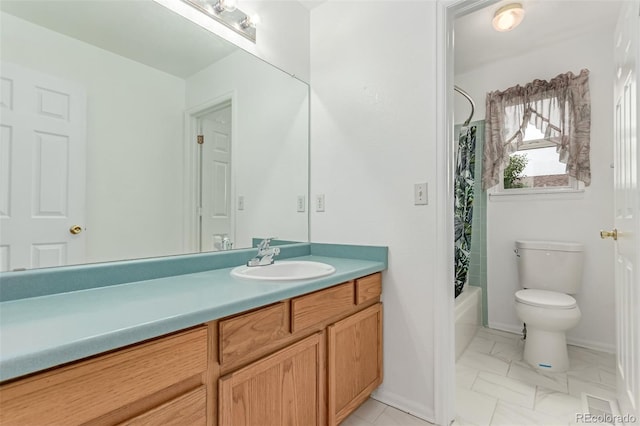 12825 Forest Way, Thornton, CO 80241 - full bath with vanity, shower / bath combination with curtain, and marble finish floors