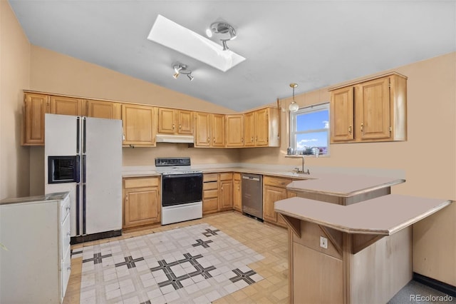 35650 Private Road 35, Kiowa, CO 80117 - kitchen with white appliances, under cabinet range hood, vaulted ceiling, a skylight, and light floors