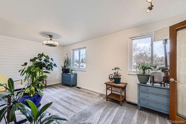 living area with baseboards and carpet flooring