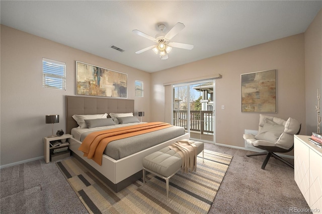 bedroom featuring visible vents, carpet flooring, baseboards, and access to exterior