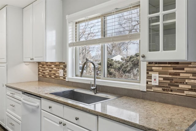 kitchen featuring white cabinetry, dishwasher, sink, and decorative backsplash