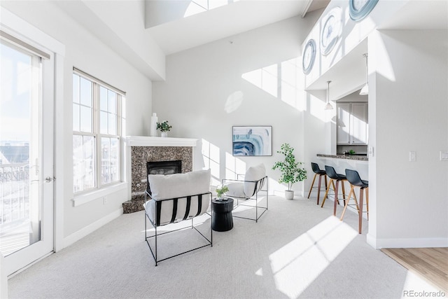 living room with a high ceiling and a high end fireplace