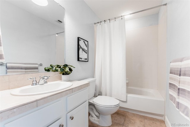 full bathroom with vanity, shower / tub combo, tile patterned floors, and toilet