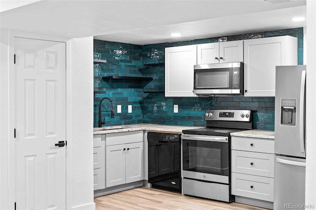 kitchen featuring stainless steel appliances, a sink, light countertops, and white cabinets