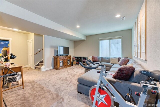 2347 S Loveland St, Lakewood, CO 80228 - carpeted living room featuring stairs, recessed lighting, and baseboards