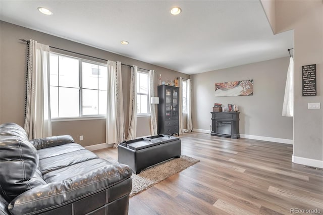 10695 Wynspire Rd, Highlands Ranch, CO 80130 - living room with baseboards, light wood-style flooring, recessed lighting, and a glass covered fireplace