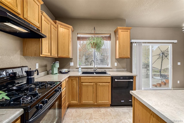 kitchen with black appliances, sink, a healthy amount of sunlight, and exhaust hood