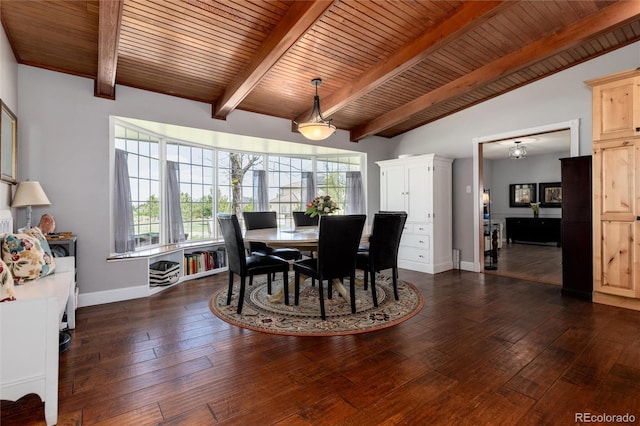 10220 W Montgomery Ave, Littleton, CO 80127 - dining space featuring dark wood-style floors, baseboards, and wood ceiling