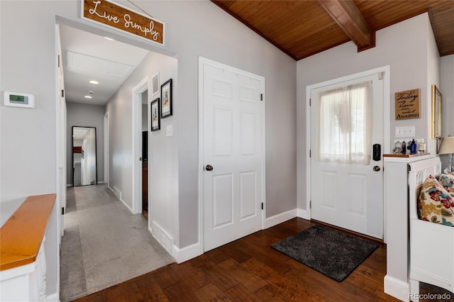 10220 W Montgomery Ave, Littleton, CO 80127 - foyer featuring wood ceiling with exposed beams, dark wood-style floors, and baseboards