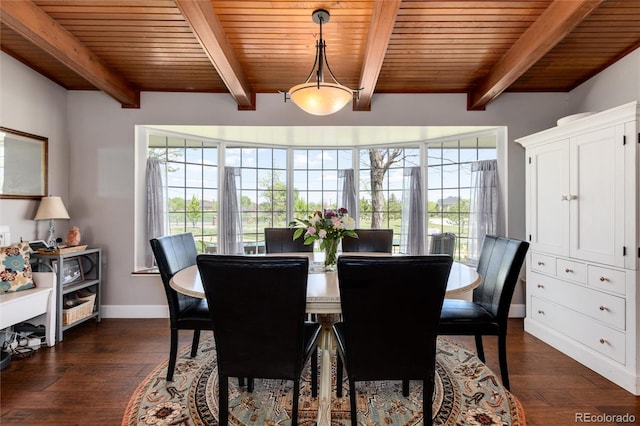 10220 W Montgomery Ave, Littleton, CO 80127 - dining room featuring plenty of natural light, wooden ceiling with exposed beams, dark wood finished floors, and baseboards