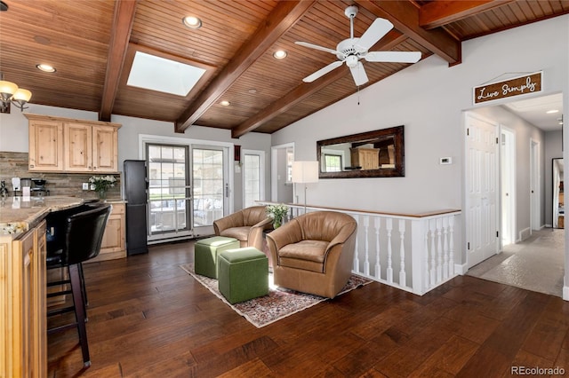 10220 W Montgomery Ave, Littleton, CO 80127 - living room featuring dark wood-style flooring, a skylight, wooden ceiling, a ceiling fan, and recessed lighting