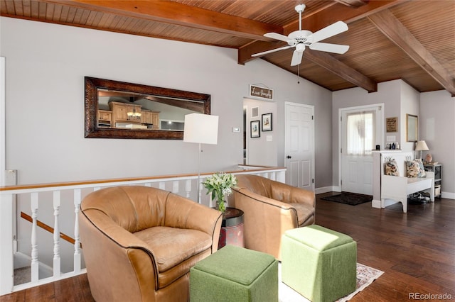 10220 W Montgomery Ave, Littleton, CO 80127 - living room with wooden ceiling, a ceiling fan, wood finished floors, and baseboards