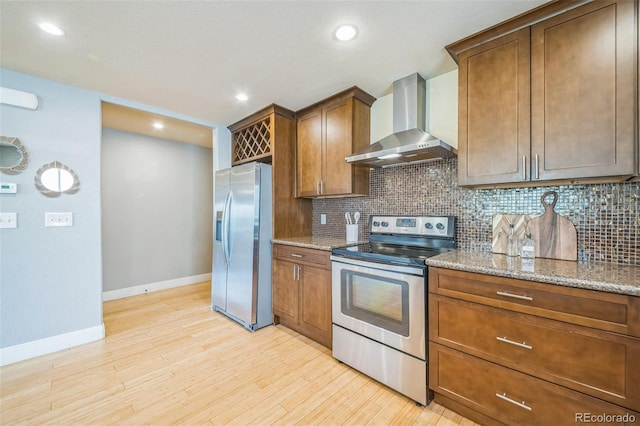 2539 N York St, Denver, CO 80205 - kitchen featuring appliances with stainless steel finishes, wall chimney range hood, baseboards, tasteful backsplash, and recessed lighting