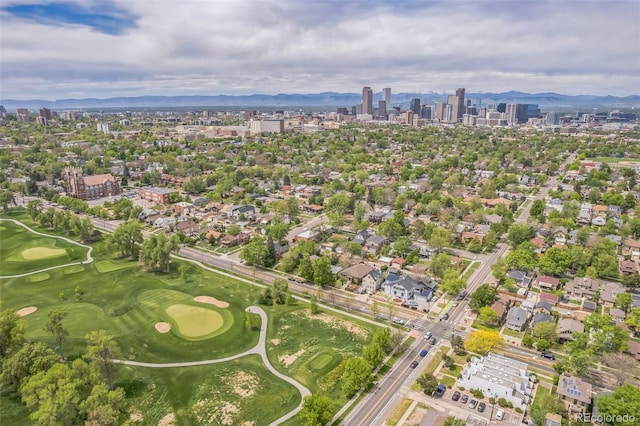 2539 N York St, Denver, CO 80205 - aerial view of property's location featuring mountains, nearby urban area, and a golf club
