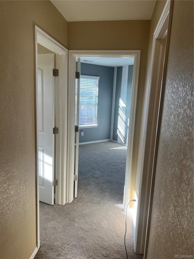 hallway featuring carpet flooring, a textured wall, and baseboards