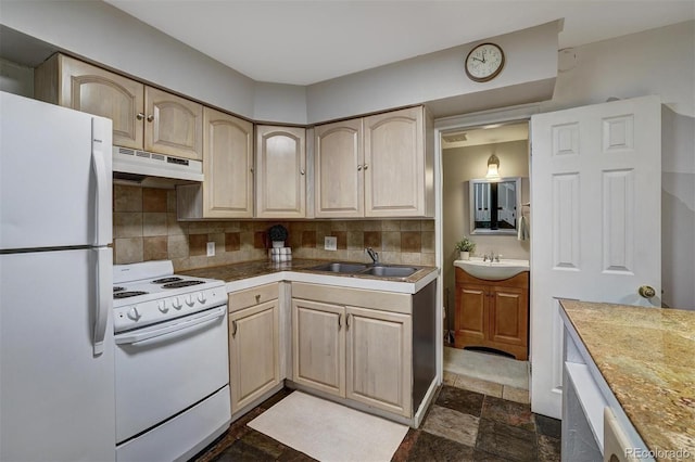 891 Fairview Blvd Unit 20, Breckenridge, CO 80424 - kitchen featuring white appliances, light brown cabinets, stone tile flooring, under cabinet range hood, and backsplash