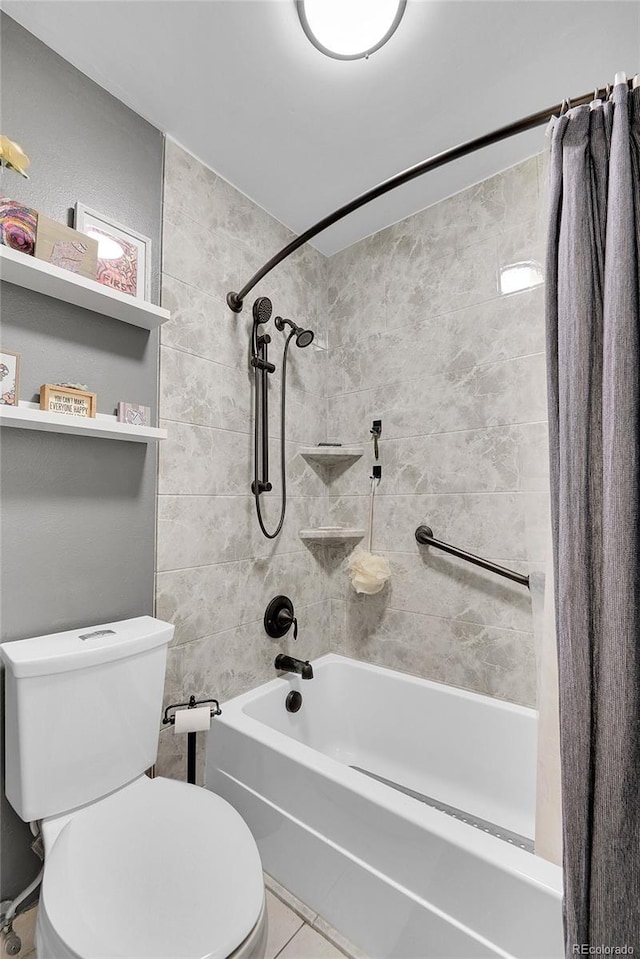 full bath featuring shower / tub combo with curtain and tile patterned flooring
