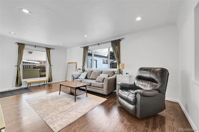 living room with dark hardwood / wood-style flooring