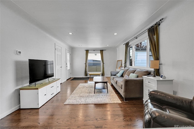 living room with dark hardwood / wood-style flooring