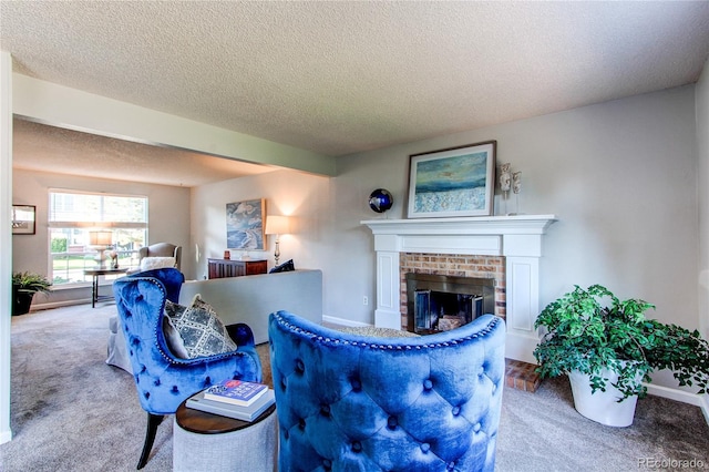 8538 W Glasgow Pl, Littleton, CO 80128 - carpeted living area featuring a brick fireplace and a textured ceiling