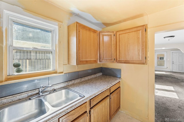 kitchen featuring sink and light carpet