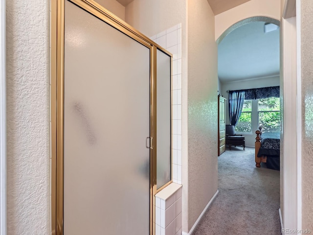 6626 S Reed Way Unit A, Littleton, CO 80123 - hall featuring arched walkways, a textured wall, and carpet floors
