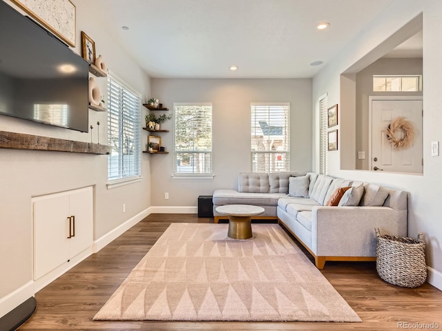 living room with dark hardwood / wood-style floors and a healthy amount of sunlight