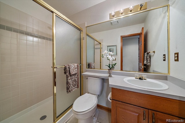 full bath with a shower stall, toilet, and vanity